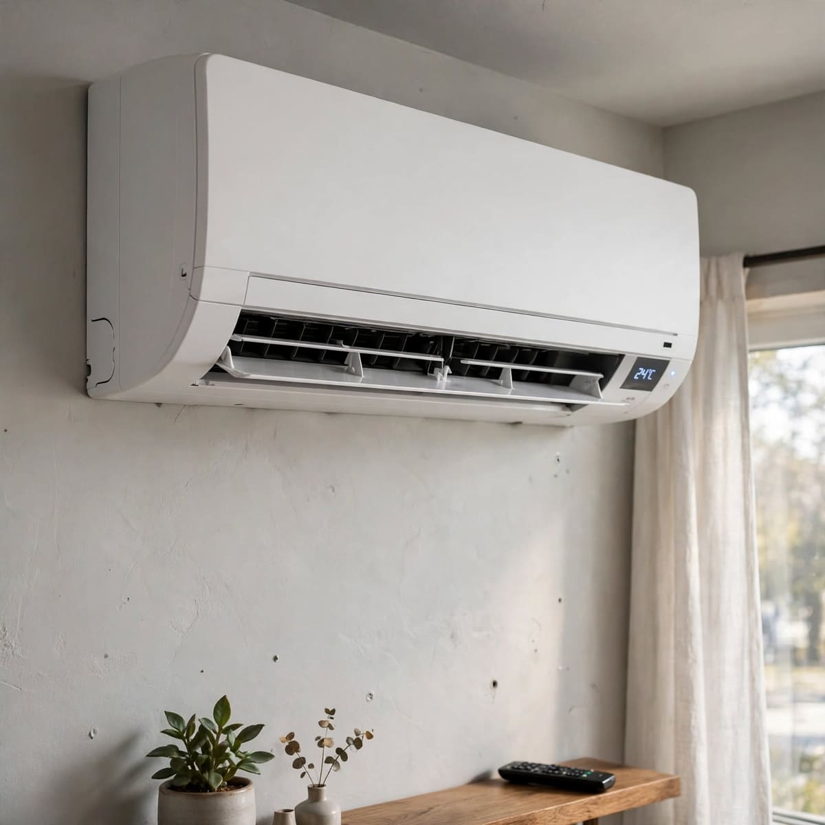 Unité intérieure de climatisation murale installée dans un salon lumineux